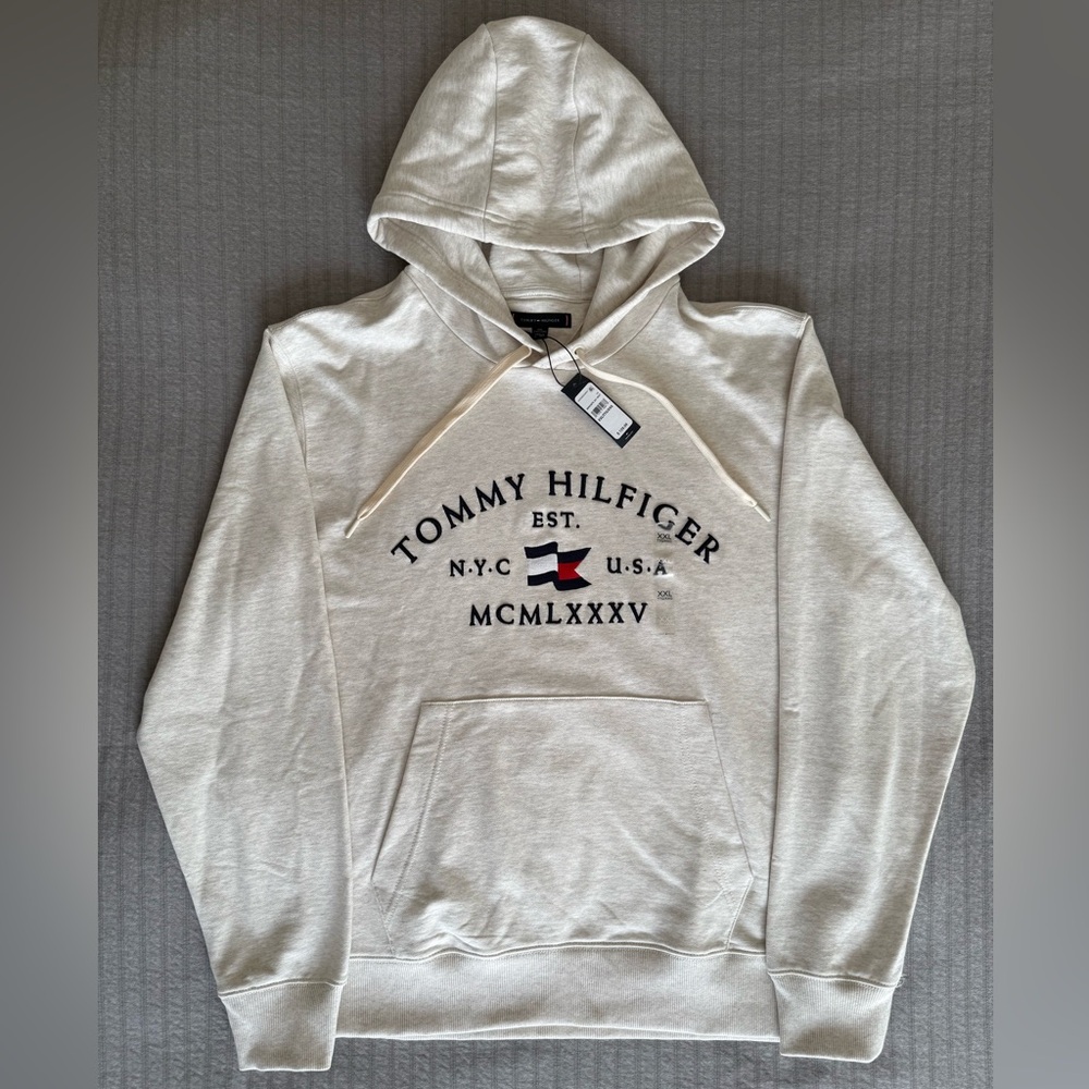Men’s NWT Tommy Hilfiger Cream Logo Hoodie XXL • Heritage Embroidered